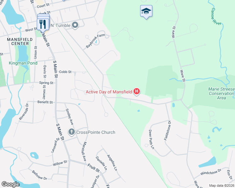 map of restaurants, bars, coffee shops, grocery stores, and more near 258 Branch Street in Mansfield