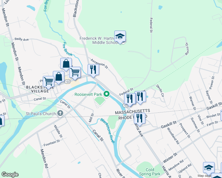 map of restaurants, bars, coffee shops, grocery stores, and more near 30-32 Main Street in Blackstone