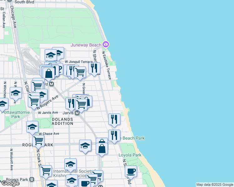 map of restaurants, bars, coffee shops, grocery stores, and more near 1321 West Birchwood Avenue in Chicago