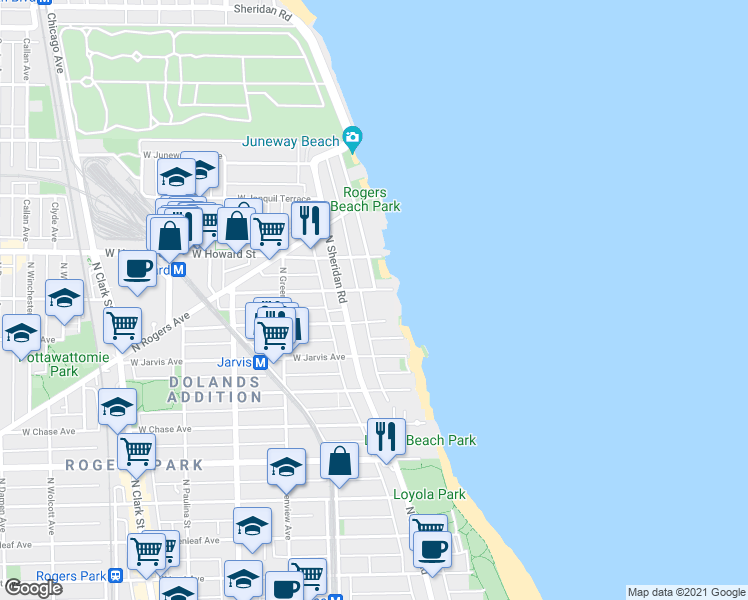 map of restaurants, bars, coffee shops, grocery stores, and more near 1333 West Birchwood Avenue in Chicago