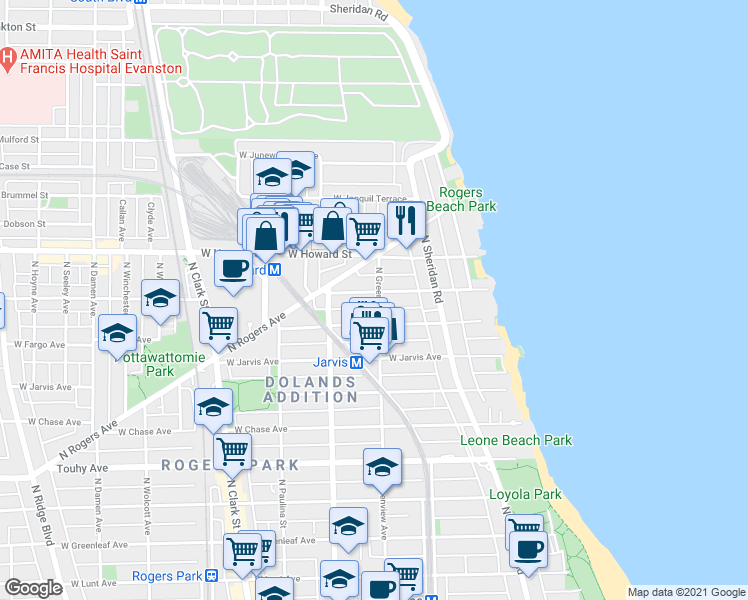 map of restaurants, bars, coffee shops, grocery stores, and more near 1506 West Fargo Avenue in Chicago