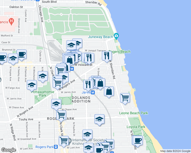 map of restaurants, bars, coffee shops, grocery stores, and more near 1506 West Fargo Avenue in Chicago