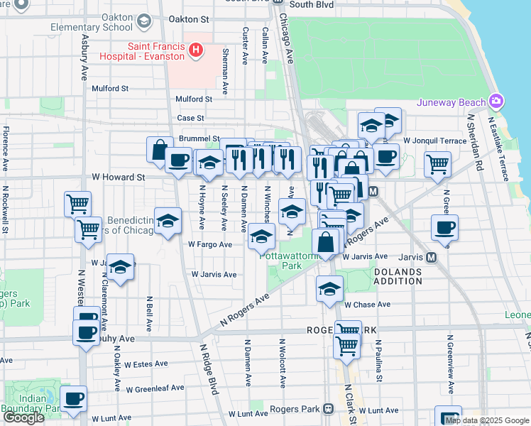 map of restaurants, bars, coffee shops, grocery stores, and more near 1948 West Birchwood Avenue in Chicago