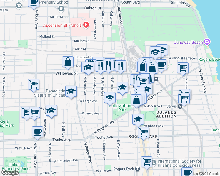 map of restaurants, bars, coffee shops, grocery stores, and more near 1948 West Birchwood Avenue in Chicago