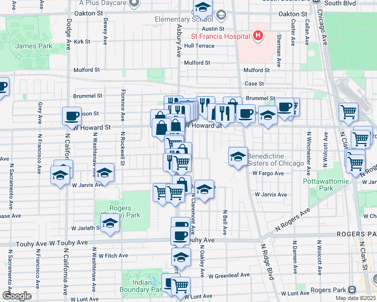 map of restaurants, bars, coffee shops, grocery stores, and more near 7517 North Western Avenue in Chicago