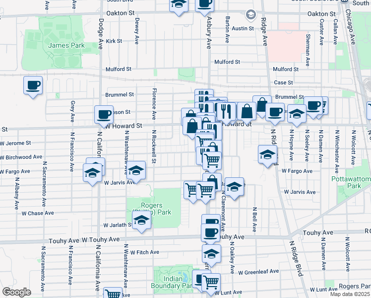 map of restaurants, bars, coffee shops, grocery stores, and more near 7530 North Western Avenue in Chicago