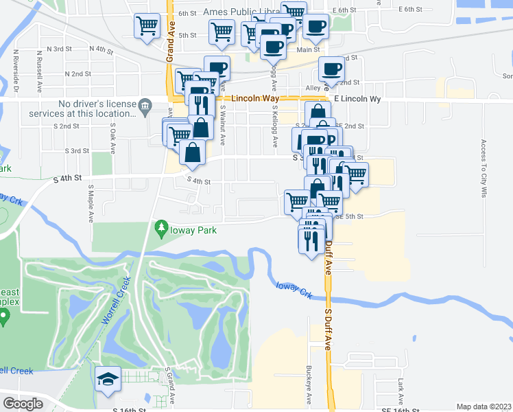 map of restaurants, bars, coffee shops, grocery stores, and more near 321 South 5th Street in Ames