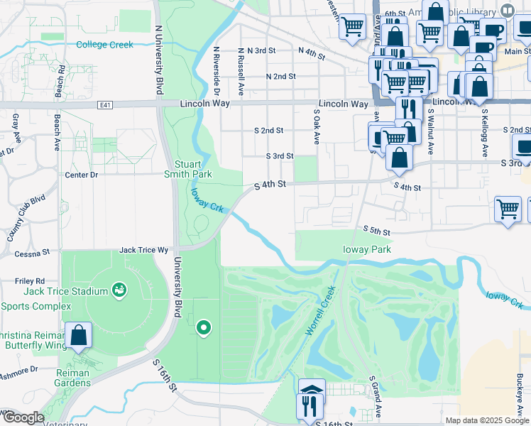 map of restaurants, bars, coffee shops, grocery stores, and more near 1214 South 4th Street in Ames
