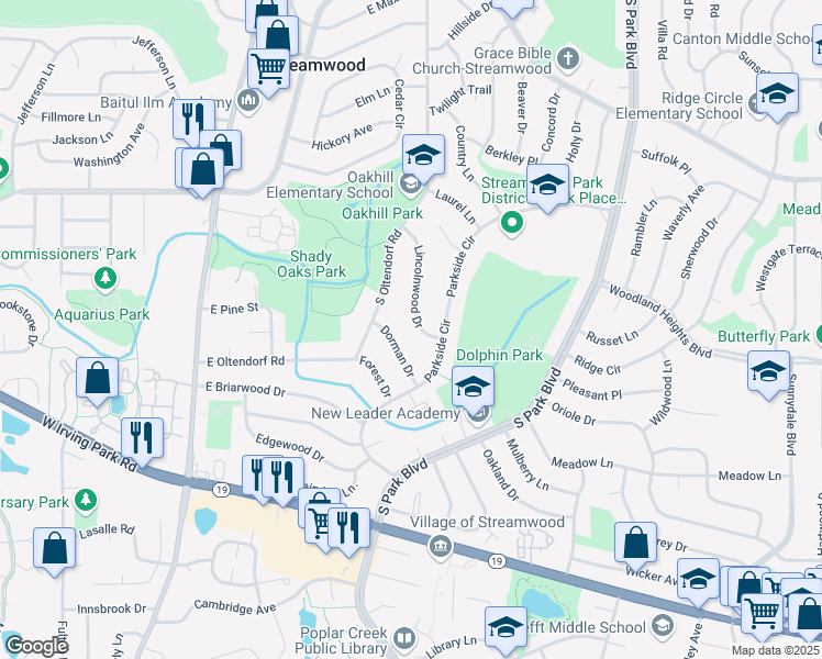 map of restaurants, bars, coffee shops, grocery stores, and more near 714 Lincolnwood Drive in Streamwood