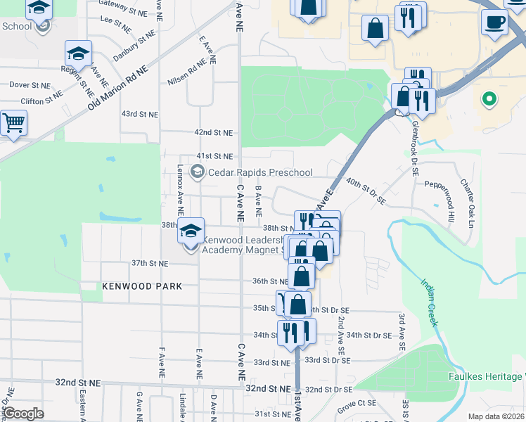 map of restaurants, bars, coffee shops, grocery stores, and more near 3800 Hart Court Northeast in Cedar Rapids