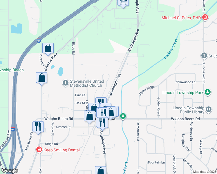 map of restaurants, bars, coffee shops, grocery stores, and more near 5519 East Karen Court in Stevensville