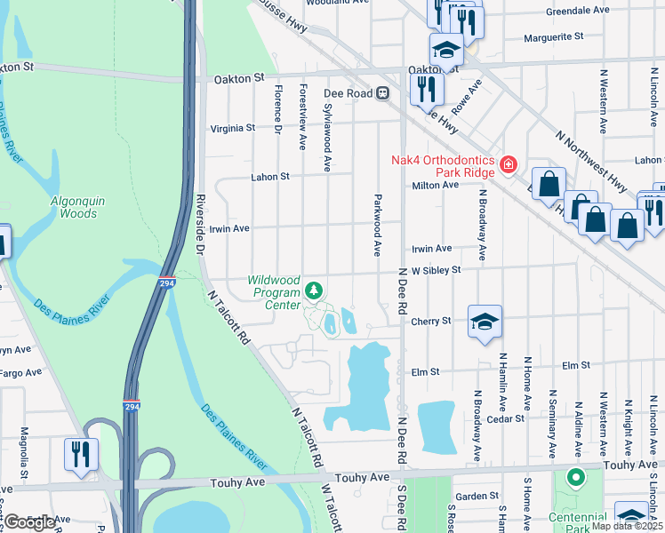 map of restaurants, bars, coffee shops, grocery stores, and more near 602 Park Plaine Avenue in Park Ridge