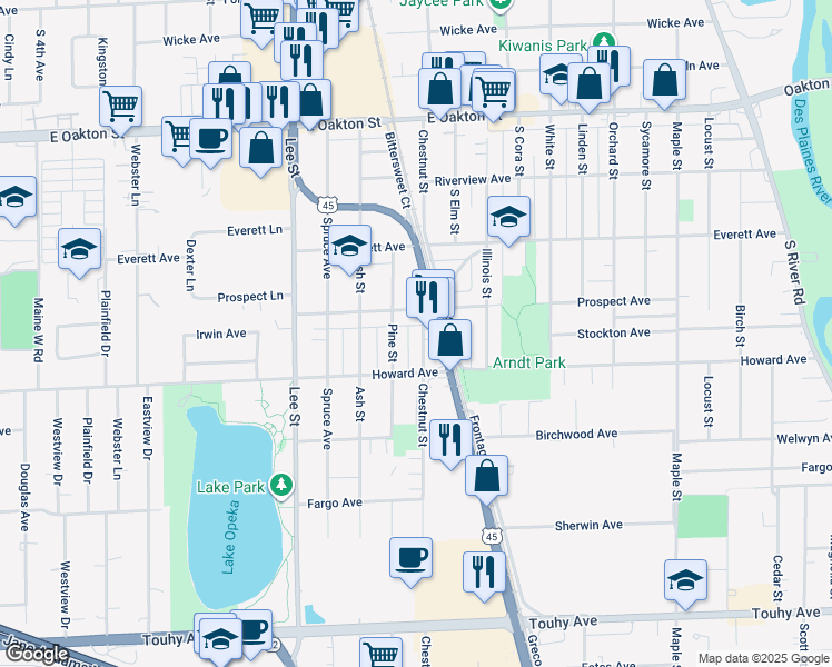 map of restaurants, bars, coffee shops, grocery stores, and more near 1940 South Chestnut Street in Des Plaines