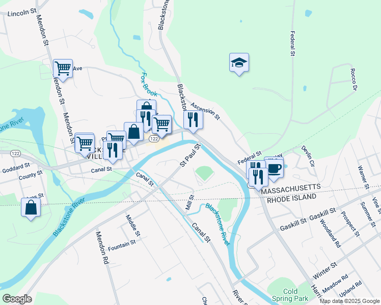 map of restaurants, bars, coffee shops, grocery stores, and more near 4 Saint Paul Street in Blackstone