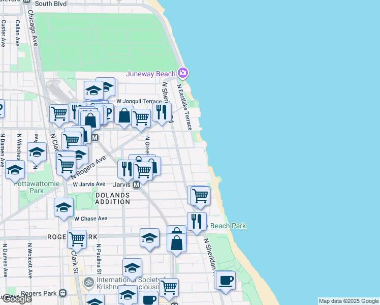 map of restaurants, bars, coffee shops, grocery stores, and more near 1333 West Birchwood Avenue in Chicago