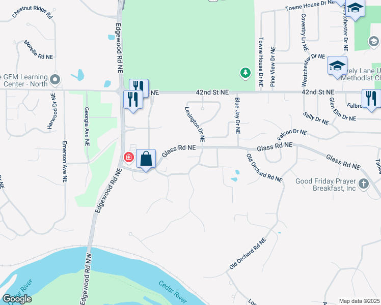 map of restaurants, bars, coffee shops, grocery stores, and more near 3866 Belden Court Northeast in Cedar Rapids