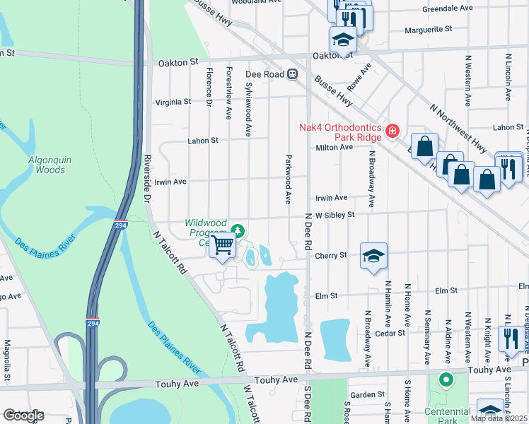 map of restaurants, bars, coffee shops, grocery stores, and more near 602 Park Plaine Avenue in Park Ridge