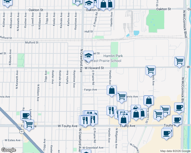 map of restaurants, bars, coffee shops, grocery stores, and more near 3871 Jerome Street in Skokie