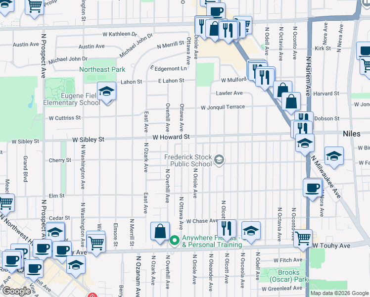 map of restaurants, bars, coffee shops, grocery stores, and more near 7535 North Ottawa Avenue in Chicago