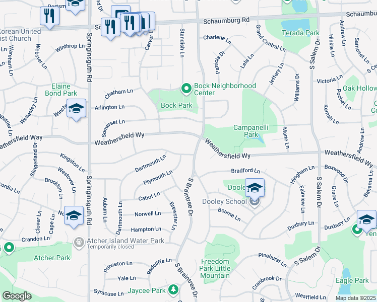 map of restaurants, bars, coffee shops, grocery stores, and more near 421 South Braintree Drive in Schaumburg