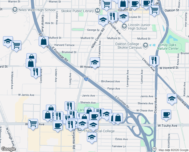 map of restaurants, bars, coffee shops, grocery stores, and more near 7516 Laramie Avenue in Skokie