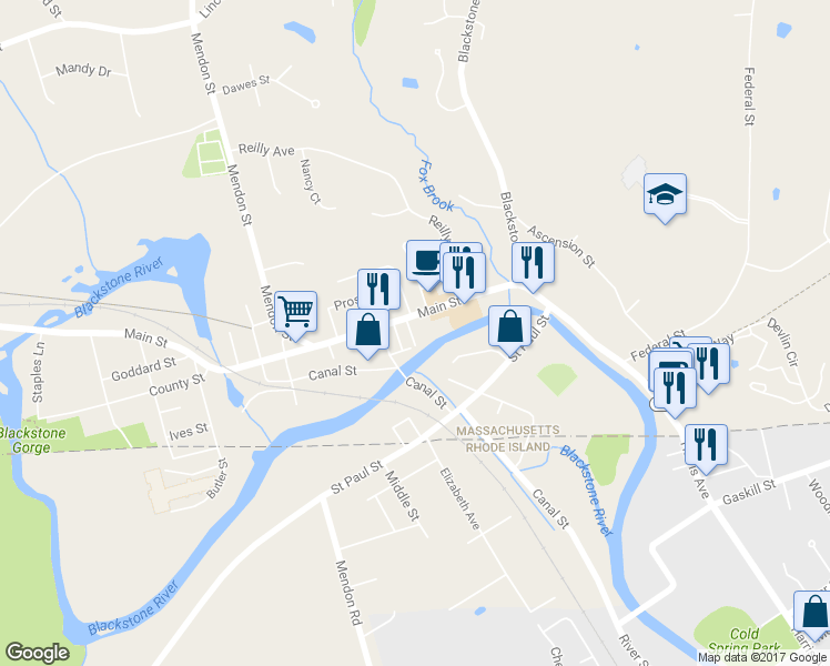 map of restaurants, bars, coffee shops, grocery stores, and more near 4 1st Avenue in Blackstone