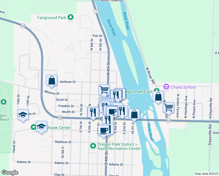 map of restaurants, bars, coffee shops, grocery stores, and more near 305a North 4th Street in Oregon