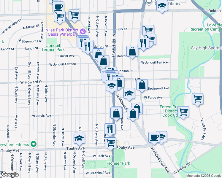 map of restaurants, bars, coffee shops, grocery stores, and more near 7532 Illinois 21 in Chicago