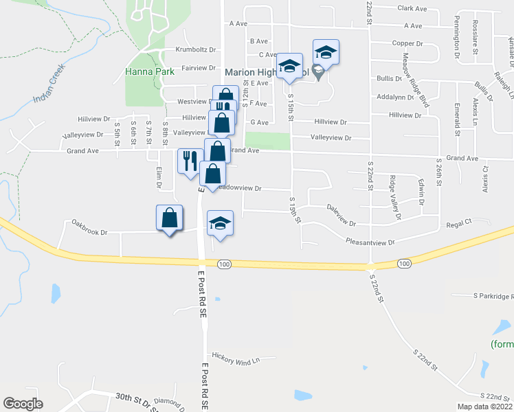 map of restaurants, bars, coffee shops, grocery stores, and more near 1280 Daleview Drive in Marion