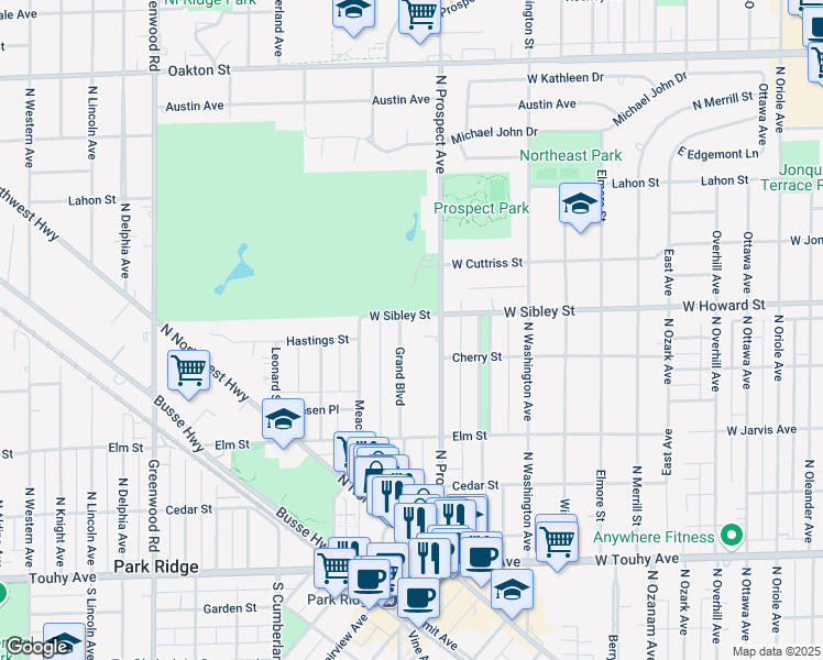 map of restaurants, bars, coffee shops, grocery stores, and more near 523 Grand Blvd in Park Ridge