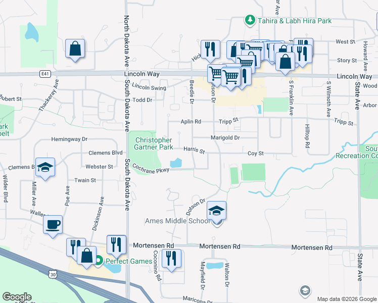 map of restaurants, bars, coffee shops, grocery stores, and more near 501 Beedle Drive in Ames