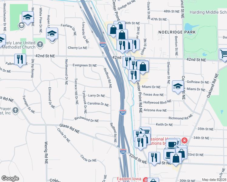 map of restaurants, bars, coffee shops, grocery stores, and more near 3750 Redbud Road Northeast in Cedar Rapids