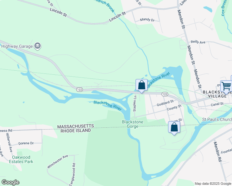 map of restaurants, bars, coffee shops, grocery stores, and more near 313 Main Street in Blackstone