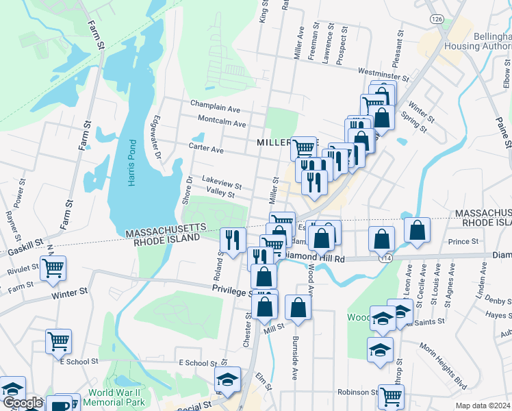 map of restaurants, bars, coffee shops, grocery stores, and more near 612 Rathbun Street in Blackstone