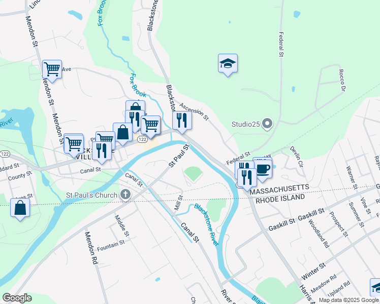 map of restaurants, bars, coffee shops, grocery stores, and more near 2 Saint Paul Street in Blackstone