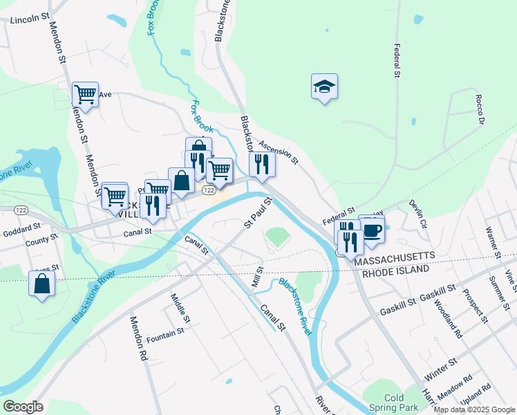 map of restaurants, bars, coffee shops, grocery stores, and more near 2 Saint Paul Street in Blackstone