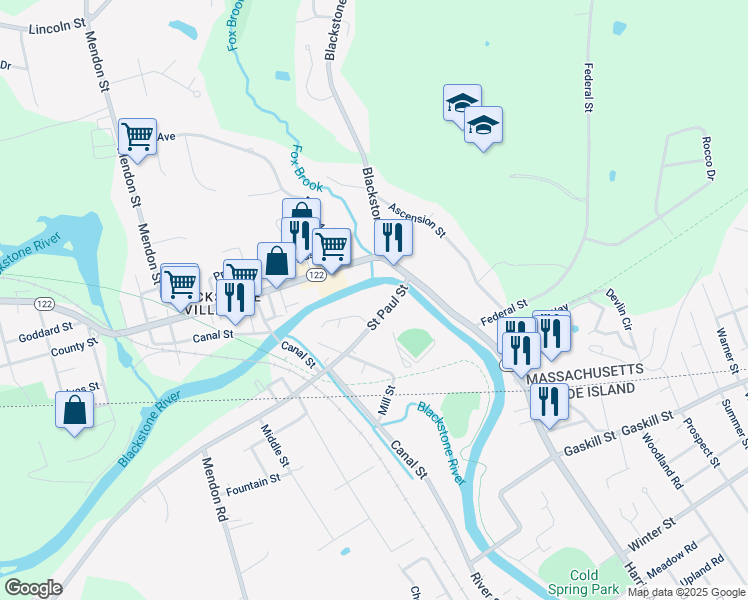 map of restaurants, bars, coffee shops, grocery stores, and more near 3 Rivers Edge Road in Blackstone