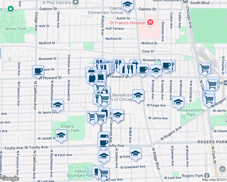 map of restaurants, bars, coffee shops, grocery stores, and more near 7515 North Claremont Avenue in Chicago