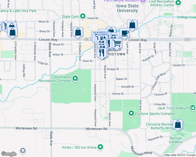 map of restaurants, bars, coffee shops, grocery stores, and more near 2521 Little Street in Ames