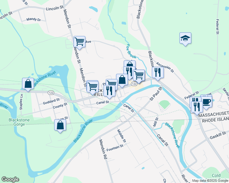 map of restaurants, bars, coffee shops, grocery stores, and more near 149 Massachusetts 122 in Blackstone