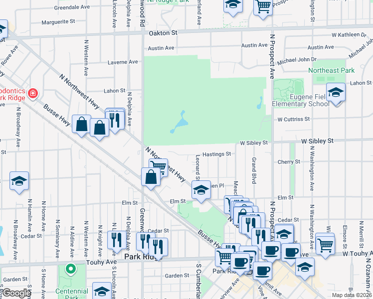 map of restaurants, bars, coffee shops, grocery stores, and more near 918 Hastings Street in Park Ridge