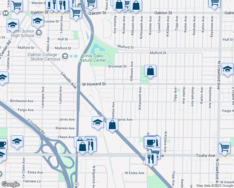map of restaurants, bars, coffee shops, grocery stores, and more near 7527 Kenton Avenue in Skokie
