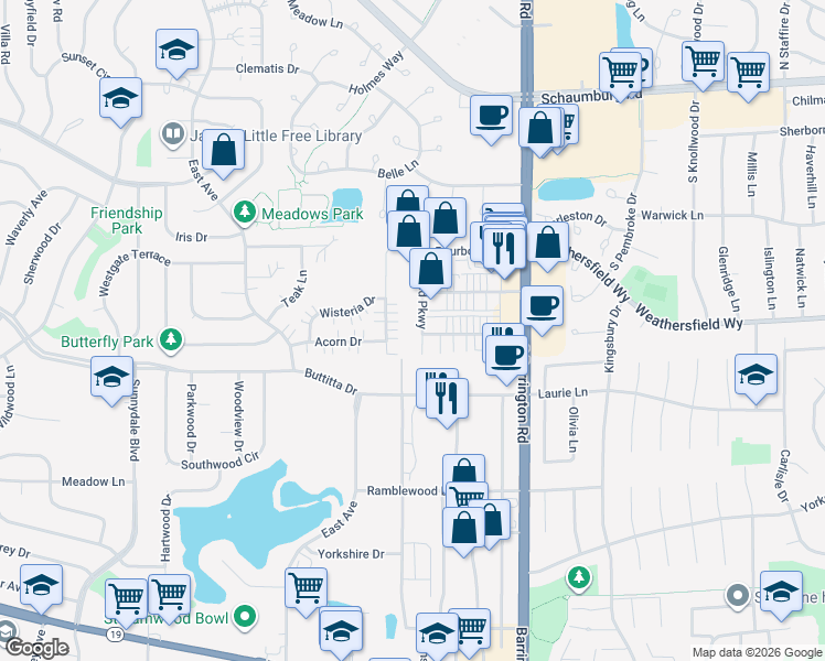 map of restaurants, bars, coffee shops, grocery stores, and more near 712 Bonded Parkway in Streamwood