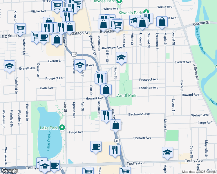 map of restaurants, bars, coffee shops, grocery stores, and more near 1939 Deane Street in Des Plaines