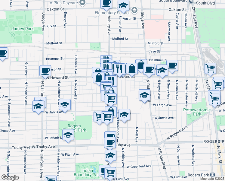 map of restaurants, bars, coffee shops, grocery stores, and more near 7517 North Western Avenue in Chicago