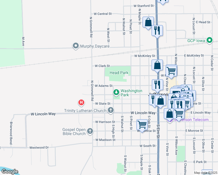 map of restaurants, bars, coffee shops, grocery stores, and more near 803 West Adams Street in Jefferson