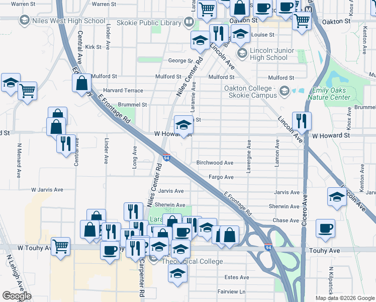 map of restaurants, bars, coffee shops, grocery stores, and more near 7516 Laramie Avenue in Skokie