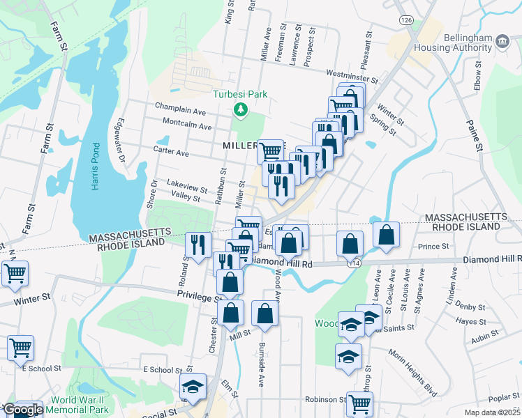 map of restaurants, bars, coffee shops, grocery stores, and more near 30 Richmond Street in Blackstone