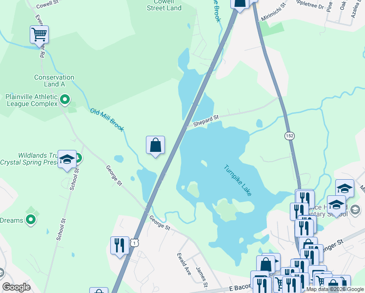map of restaurants, bars, coffee shops, grocery stores, and more near 128 Washington Street in Plainville