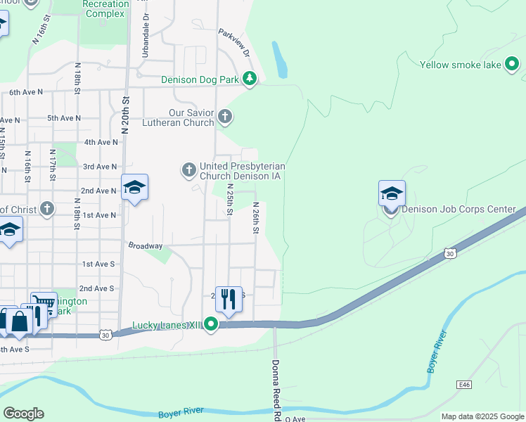 map of restaurants, bars, coffee shops, grocery stores, and more near 2-204 North 26th Street in Denison
